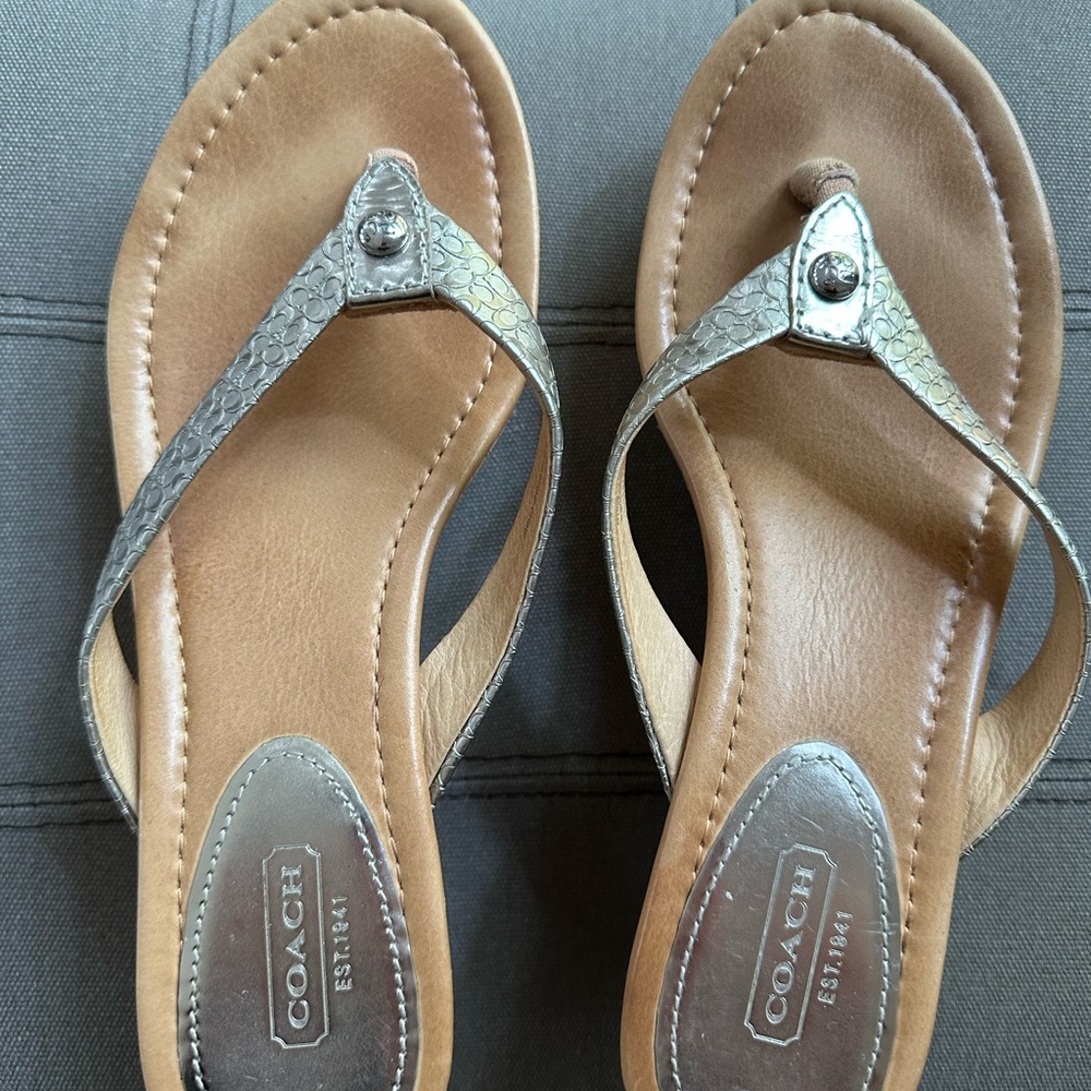 COACH Silver and Tan Wedge Sandals with Metallic Accents